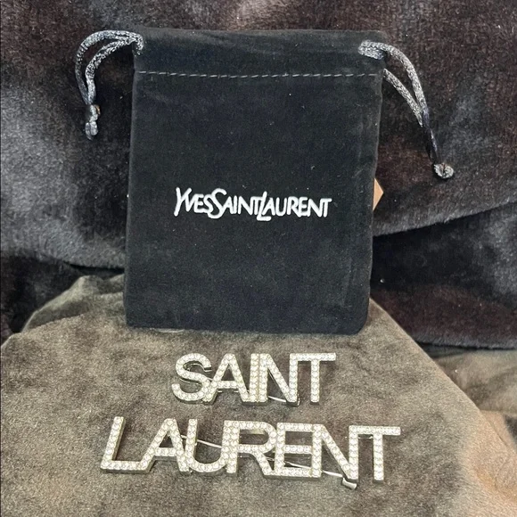 Crystal Silver Tone Saint Laurent Logo Two Piece Brooch Set - Picture 1 of 7